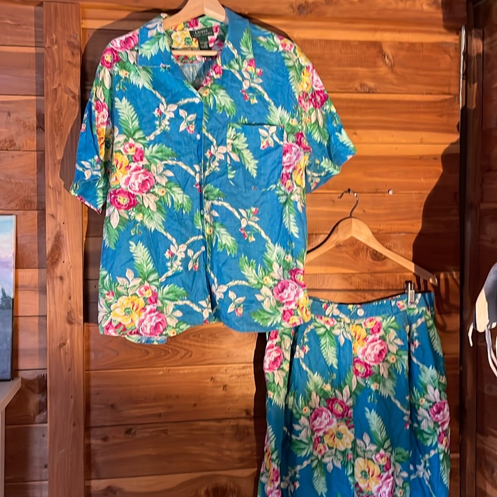 Vintage Ralph Lauren Short/Shirt Linen Set - blue floral XL